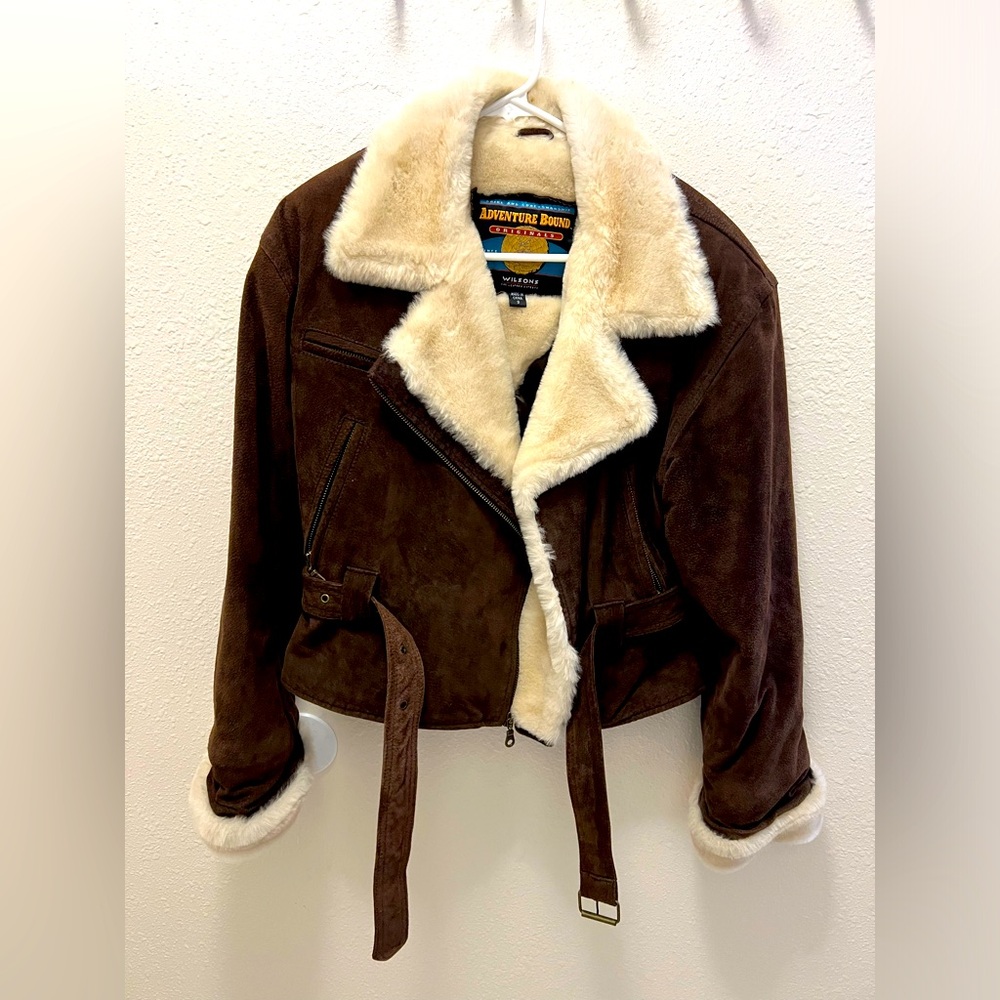 Vintage Adventure Bound Suede Bomber Jacket with White Fur Trim S